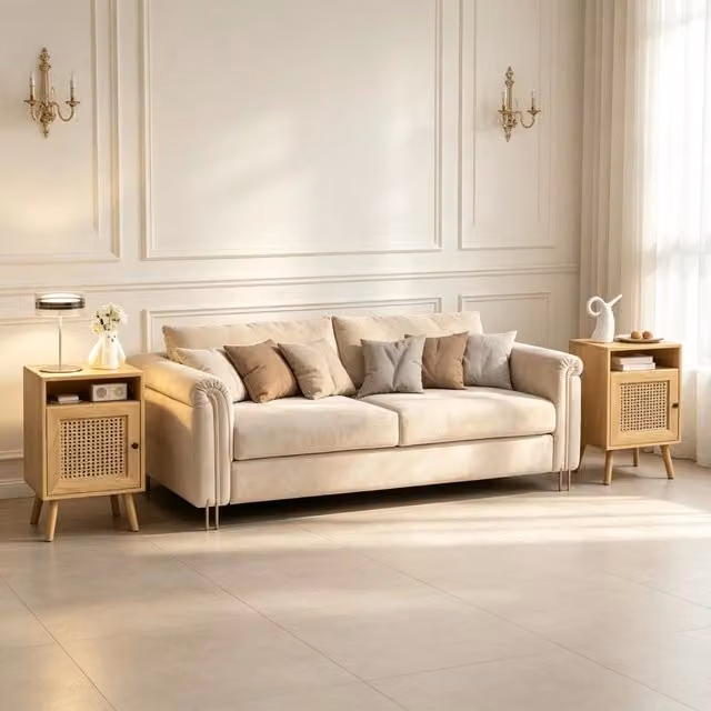 Set di 2 tavolini da notte REDOM in stile boho in MDF e rattan colore beige L/P/H: 39 x 35 x 60 cm