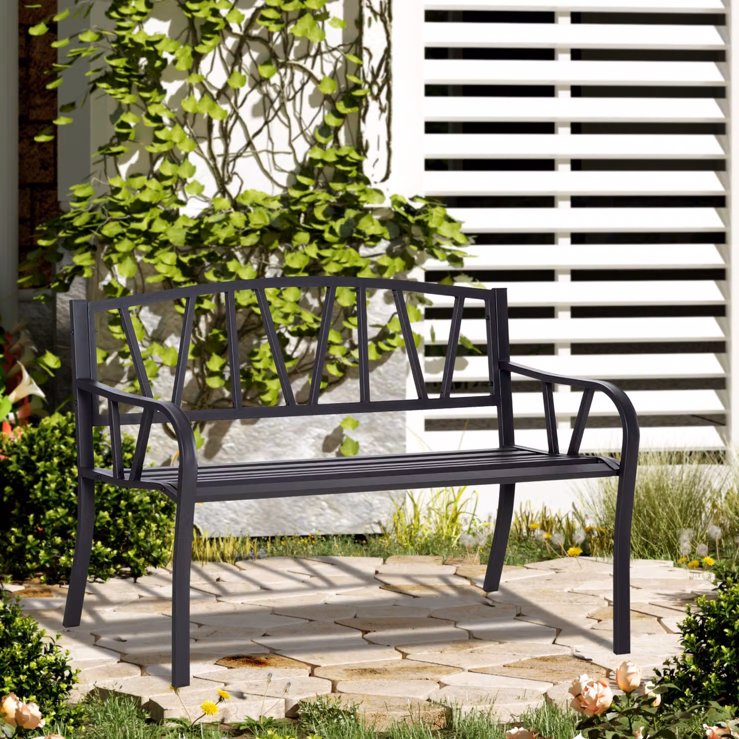 Panchina da giardino Outsunny in metallo nero impermeabile per 2 persone, L: 128 cm, P: 56 cm, H: 86 cm – 2