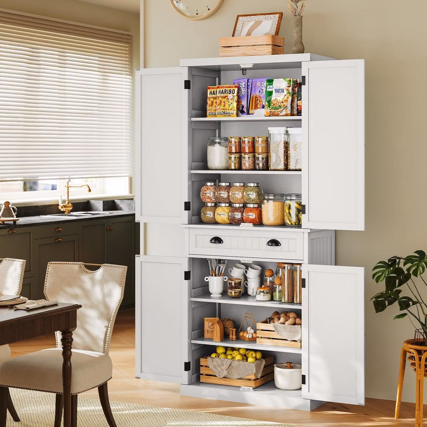 Armadio da cucina, mobiletto alto, dispensa con ante e ripiani, colore bianco