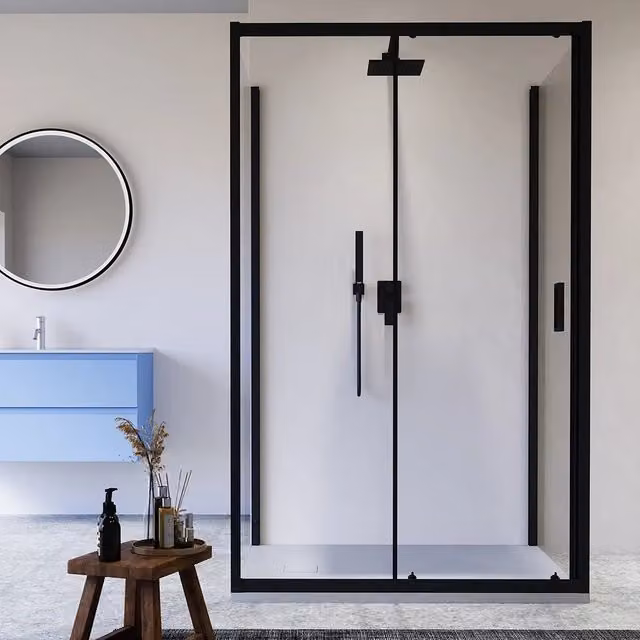 Box doccia nero opaco 3 lati 90x150x90cm con porta scorrevole e doppia parete fissa vetro 6mm trasparente h185cm | Madagascar