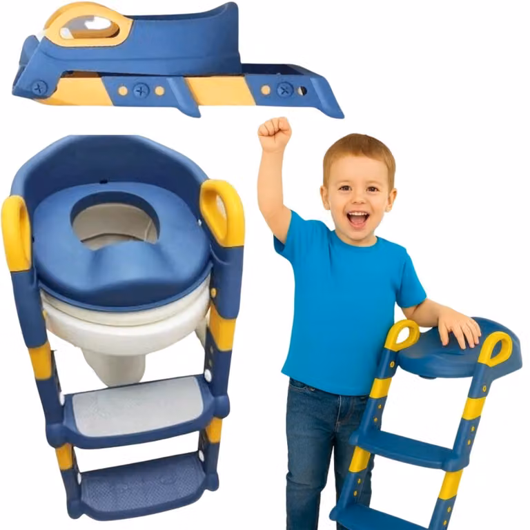 Sedile vasino WC con scala blu pieghevole antiscivolo schienale comodo per imparare a usare il bagno