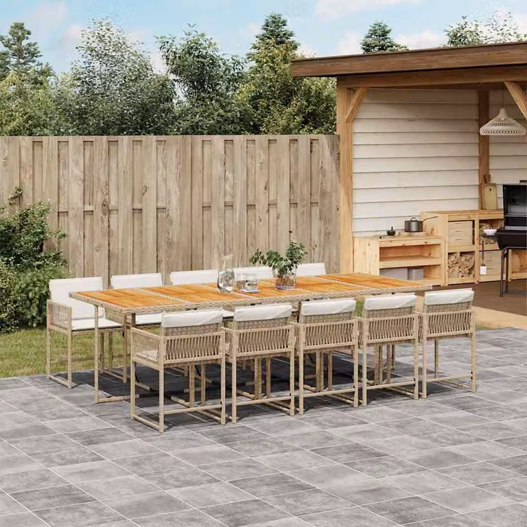 Set da pranzo da giardino vidaXL in polyrattan con cuscini beige e legno di acacia, 11 pezzi