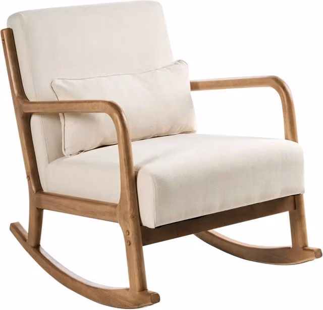 Sedia a dondolo Beige Chiaro Tessuto Gambe in legno con braccioli e cuscino Soggiorno classico tradizionale