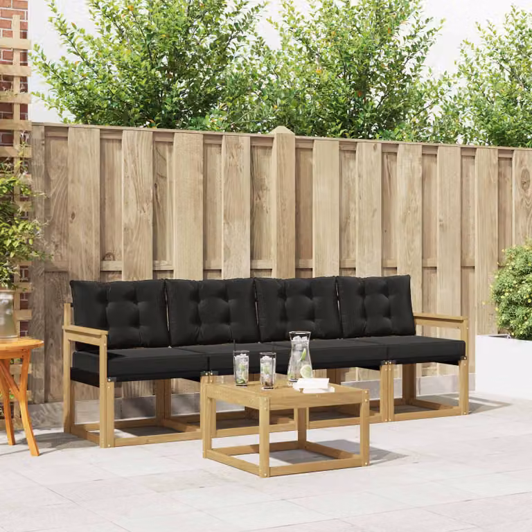 Set di divani da esterno vidaXL 5 pezzi in legno di acacia con tavolino e cuscini, Bianco, Nero e Marrone