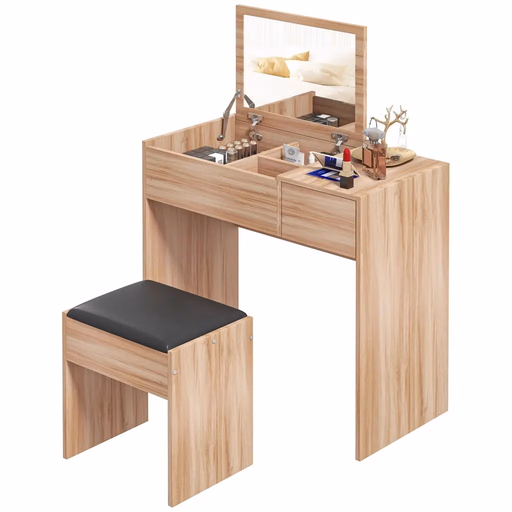 Tavolino da trucco XYLO con specchio e sgabello bianco, L: 80 cm, P: 40 cm, H: 79 cm – 2