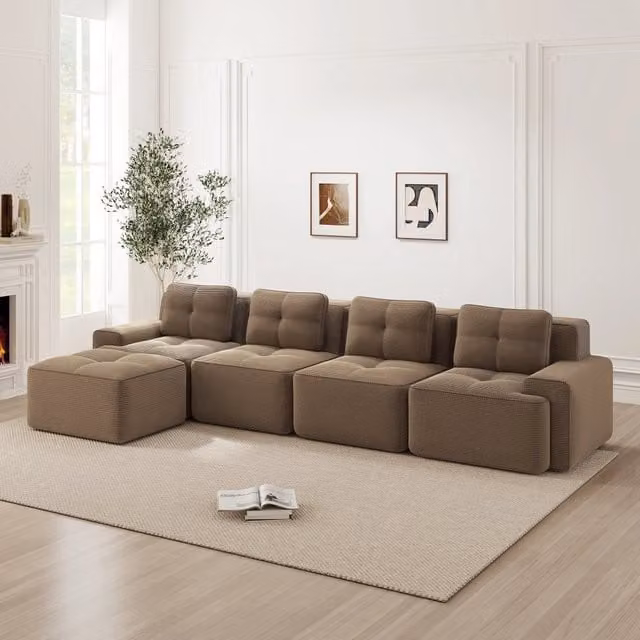 Divano Modulare Chaise Longue MINIMAL 4 Posti in Velluto a Coste Marrone