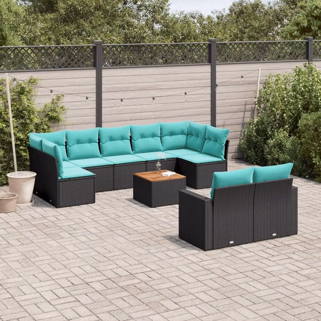 vidaXL Set Divani da Giardino 10 Pezzi in Polyrattan Nero con Cuscini e Tavolino da Esterno a Forma di U – 1