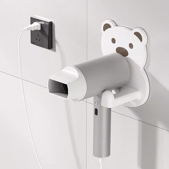 Supporto da parete per asciugacapelli, portaoggetti per il bagno, montaggio a parete, supporto per asciugacapelli con contenitore portaoggetti