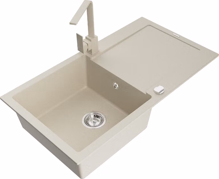 Mexen Leo lavello cucina in granito a 1 vasca con scolapiatti e rubinetto cucina Rita, beige - 6501-69-670300-69