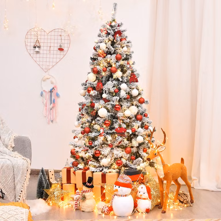 Costway Albero di Natale 180 cm in PVC 600 rami, Abete artificiale innevato illuminato con solida base di metallo, Bianco
