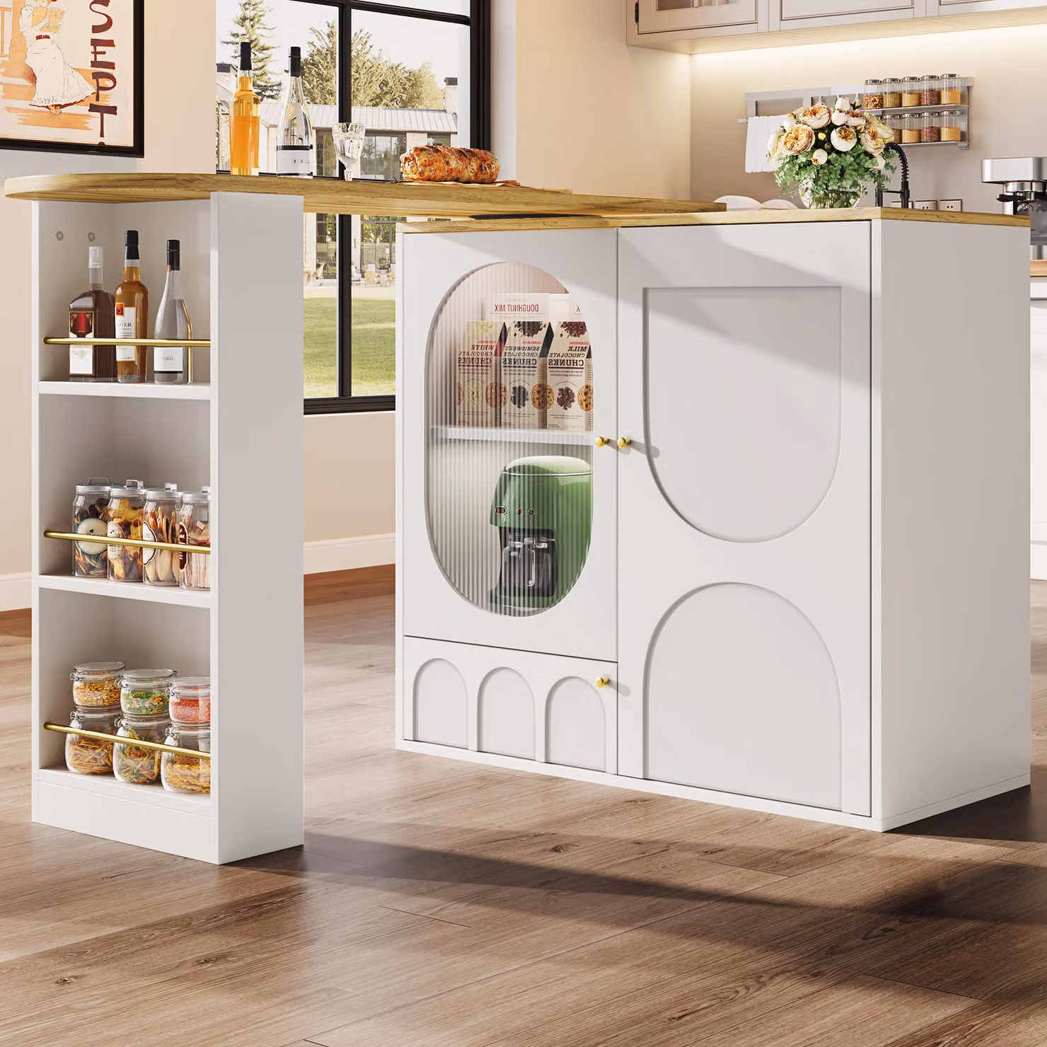Isola cucina STILVORA, girevole a 360°, tavolo da bar con 3 ante e ripiani interni, mobile da cucina con divisori removibili, mobile contenitore a 3 ripiani, colore bianco