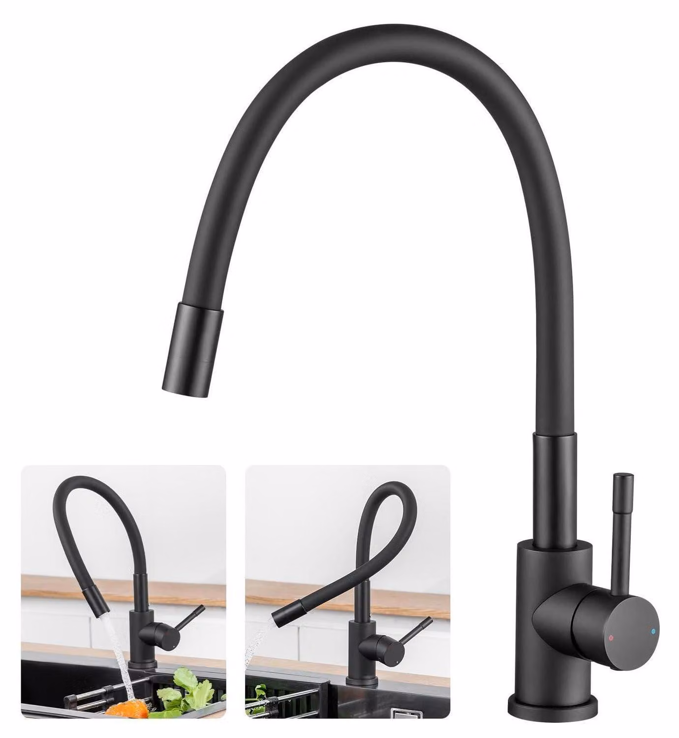 Miscelatore monocomando per cucina, flessibile, rotazione a 360°, acciaio inossidabile nero, alta pressione