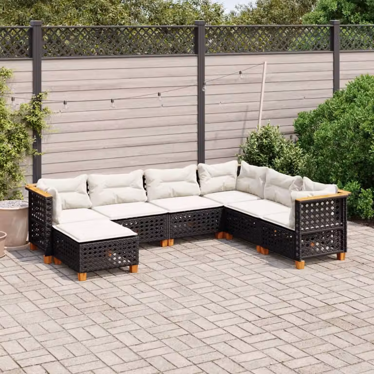 Set di divani da giardino vidaXL a forma di L con cuscini, 7 pezzi, in polyrattan nero e legno di acacia con coperture rimovibili