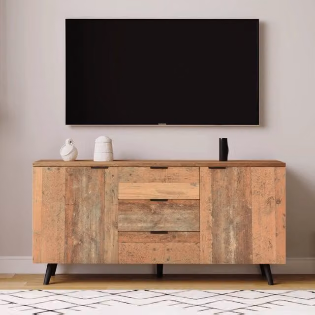 Madia porta TV WISHDOR in legno e metallo marrone antico con 3 cassetti e ripiani regolabili L: 140 cm, P: 35 cm, H: 70 cm