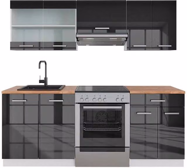 Cucina componibile R-Line Antracite lucido/Bianco 200 cm, PL Rovere Vicco