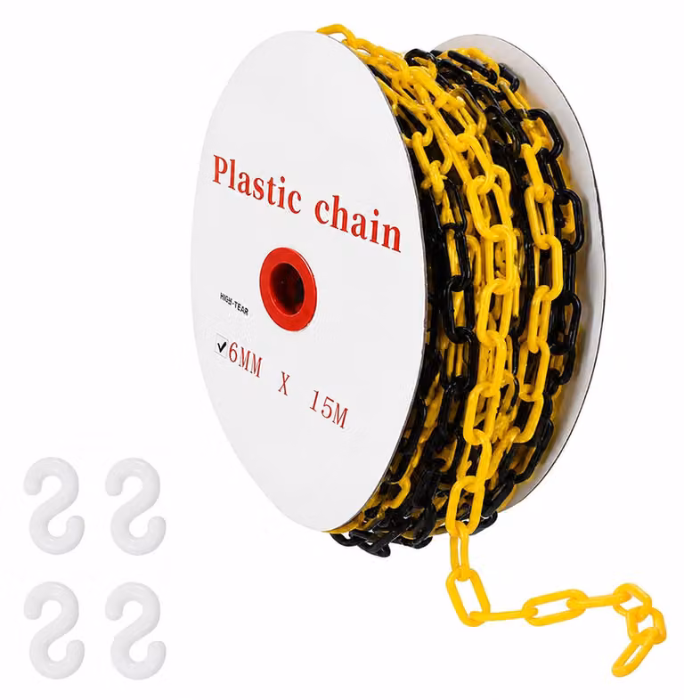 Catena di delimitazione in plastica, 6 mm x 15 m, con 4 ganci a forma di S, colore giallo e nero