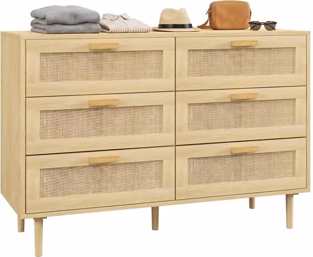 Cassettiera 6 Cassetti in Legno e Rattan Stile Boho per Soggiorno e Camera da Letto, 110x40x75 cm