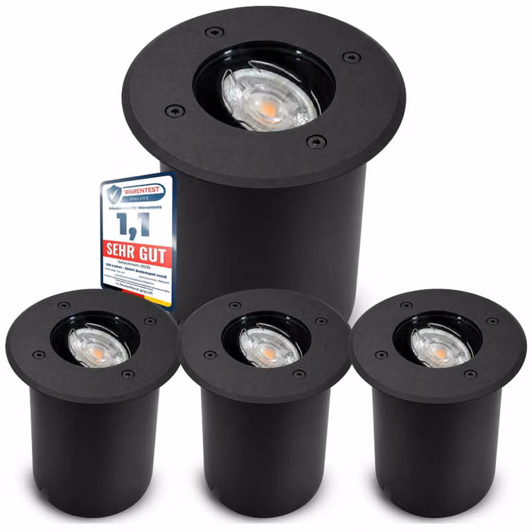Fari da incasso a pavimento, grado di protezione IP67, set da 4, colore nero, forma rotonda, attacco GU10