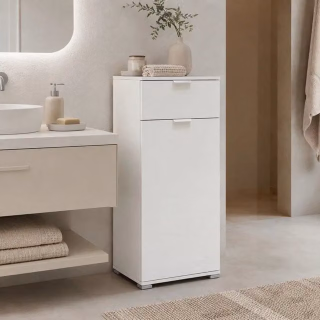 Armadietto Multiuso The White Stone Bianco con Anta e Cassetto, Mobile Salvaspazio per Bagno o Lavanderia con Ripiani Interni, L/P/H: 45 x 38 x 103 cm