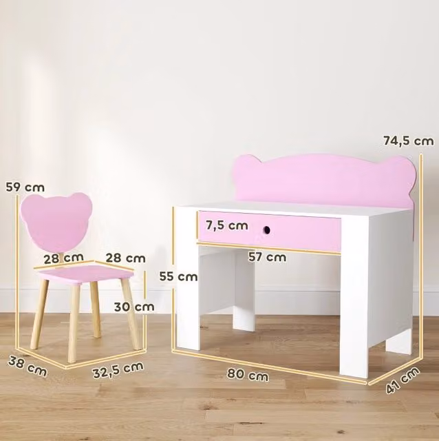 Scrivania per bambini ULEVR con sedia e cassetto, piano 80x41 cm, rosa, schienale a forma di orso