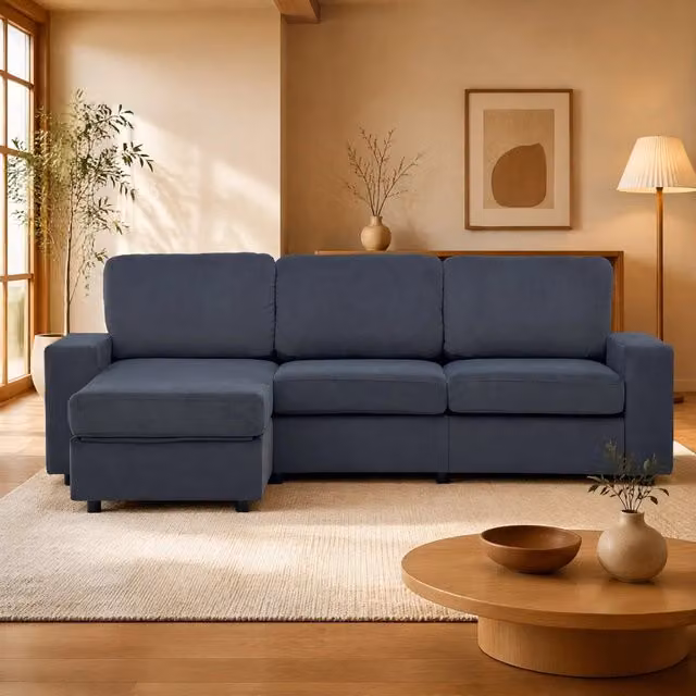 Divano angolare MIVRAY con chaise longue reversibile e 4 vani contenitore in tessuto blu o grigio, L: 245,5 cm x P: 150,5 cm