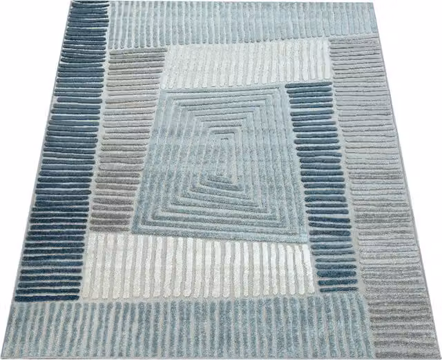 Tappeto Stylo per interni ed esterni con effetto alto-basso, design geometrico scandinavo, L 60 cm x P 100 cm, multicolore blu, beige, grigio e turchese – 1