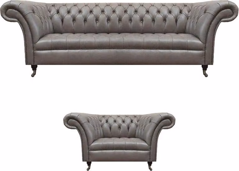 Designer Chesterfield Ledergarnitur Dreisitzer Sofa Edler Sessel 2tlg