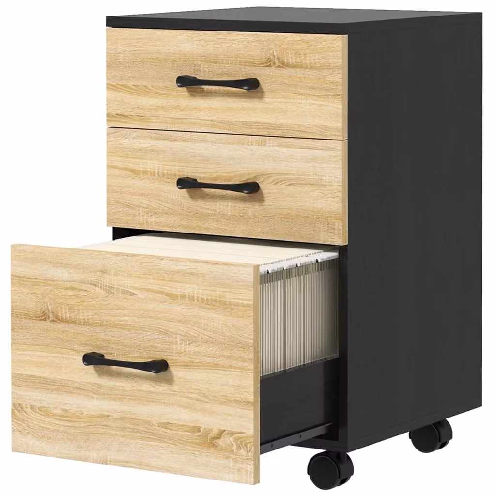 Cassettiera da ufficio Minimal con ruote in legno e MDF, colore quercia e nero, L 40 cm x P 42 cm x H 65 cm – 2