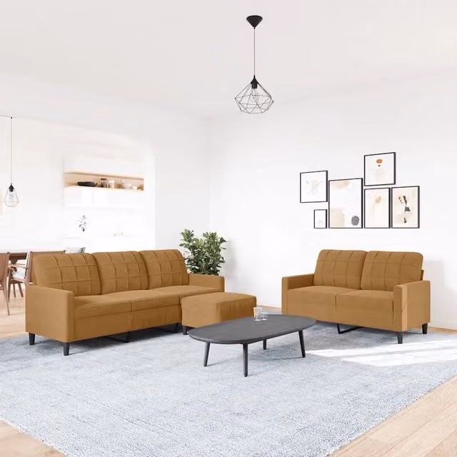 Set di divani moderno vidaXL in velluto marrone con pouf e cuscini per soggiorno
