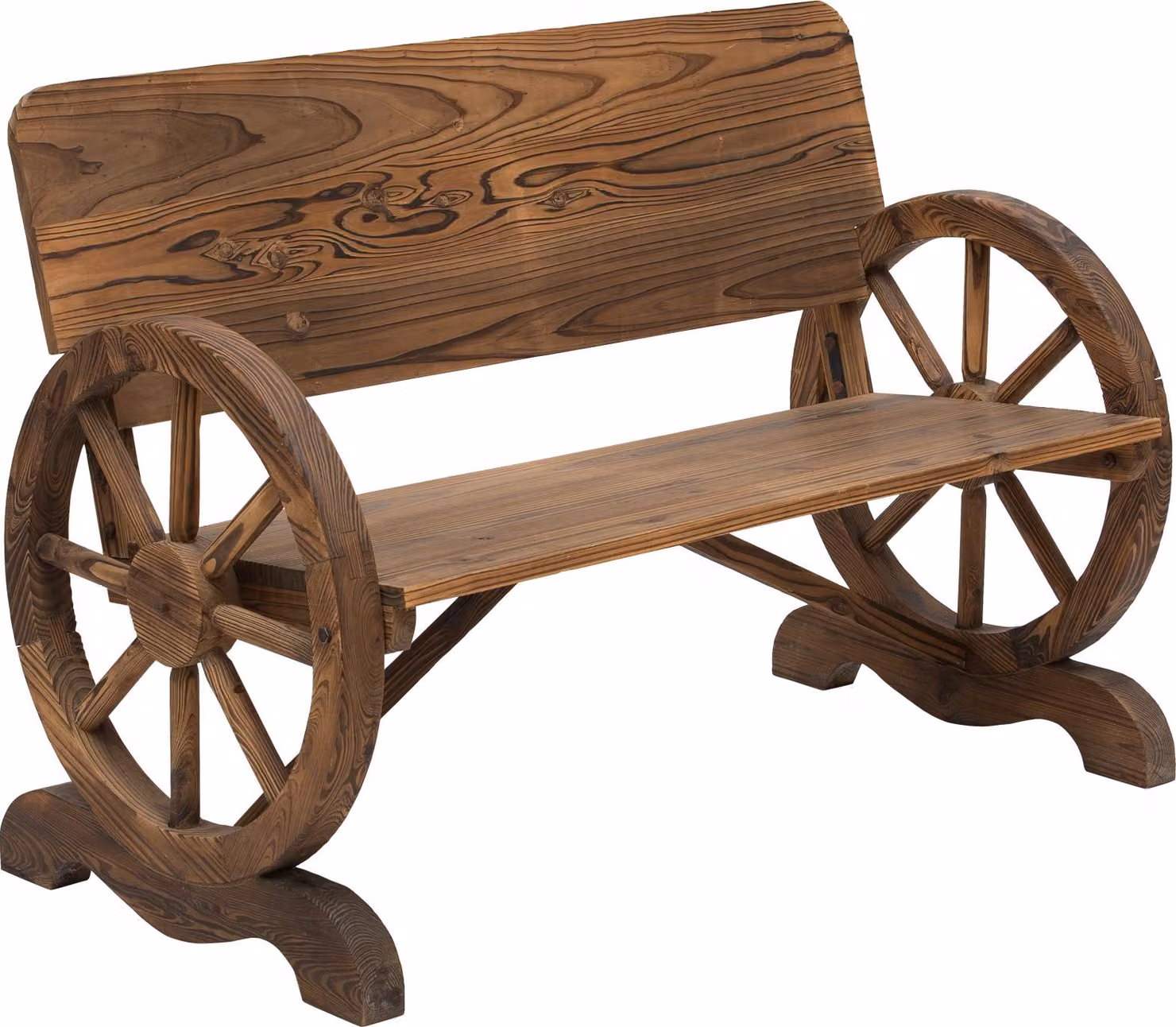 Panchina da giardino Fortuna Lai a 2 posti in legno massello con braccioli, panchina con design a ruote di carro, mobili da giardino con portata massima 250 kg, panchina rustica, 114 x 58 x 80 cm, marrone
