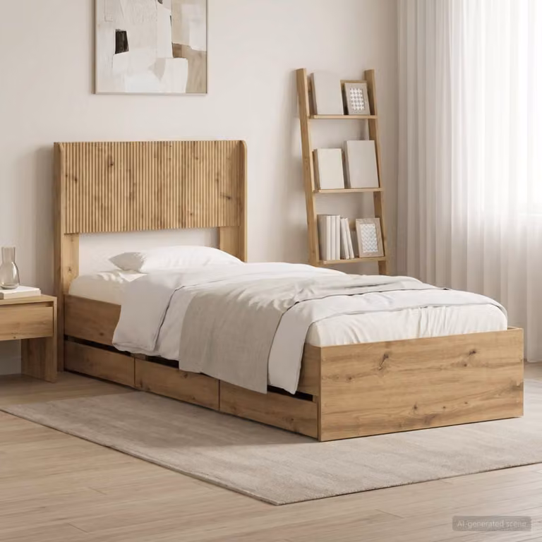Struttura letto con stoccaggio e testata vidaXL in legno color quercia Artisan Oak, L/P/H: 140 x 200 x 97 cm