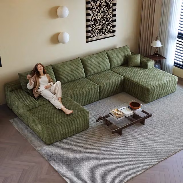 Divano angolare modulare con chaise longue a L 340 cm in velluto a coste verde 5 posti