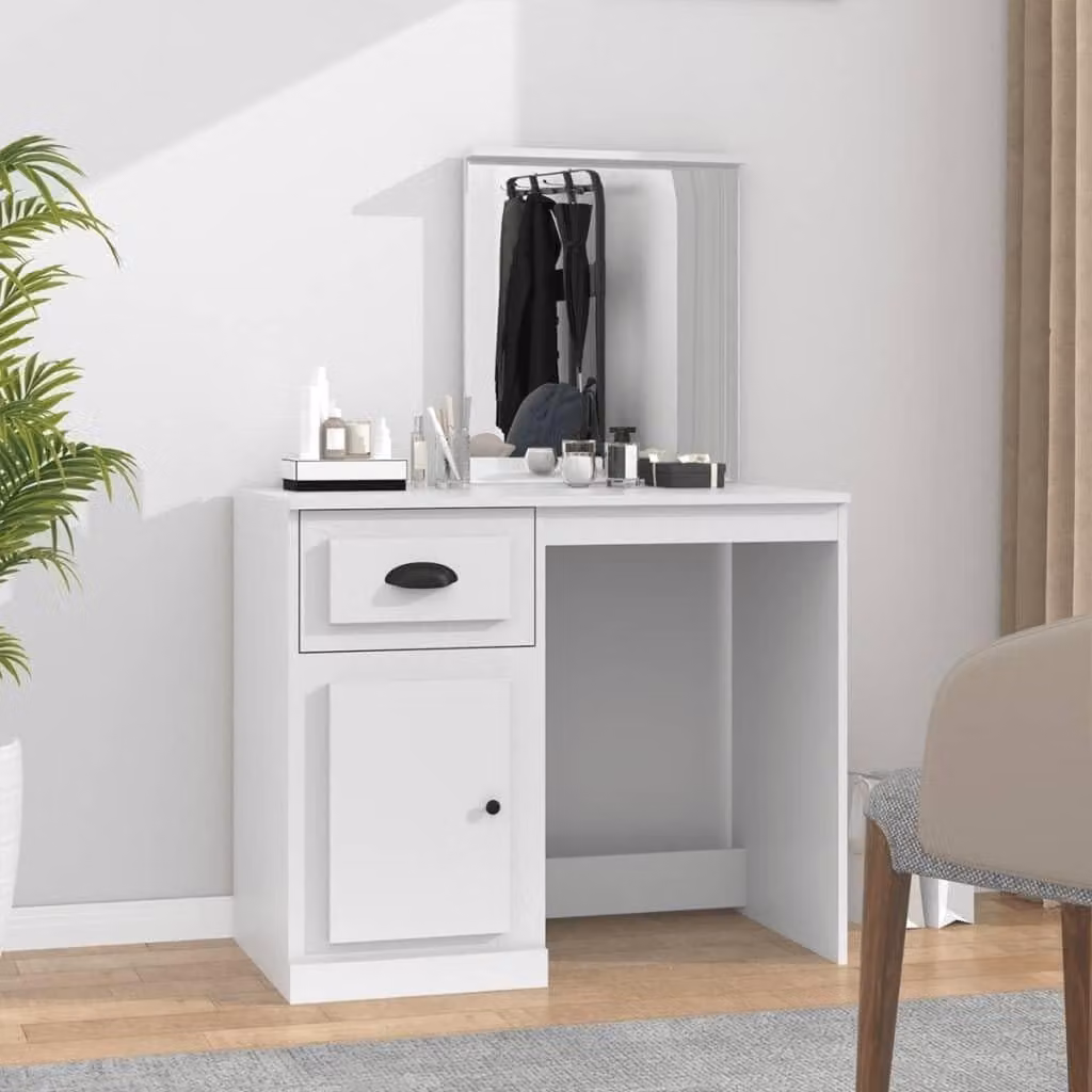 Tavolino da trucco con specchio e ampio spazio contenitivo, dimensioni 90 x 50 x 132,5 cm, colore bianco