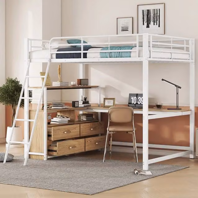 Letto a soppalco ULEVR 140x200 cm con scrivania angolare e cassetti, struttura in metallo e MDF, bianco