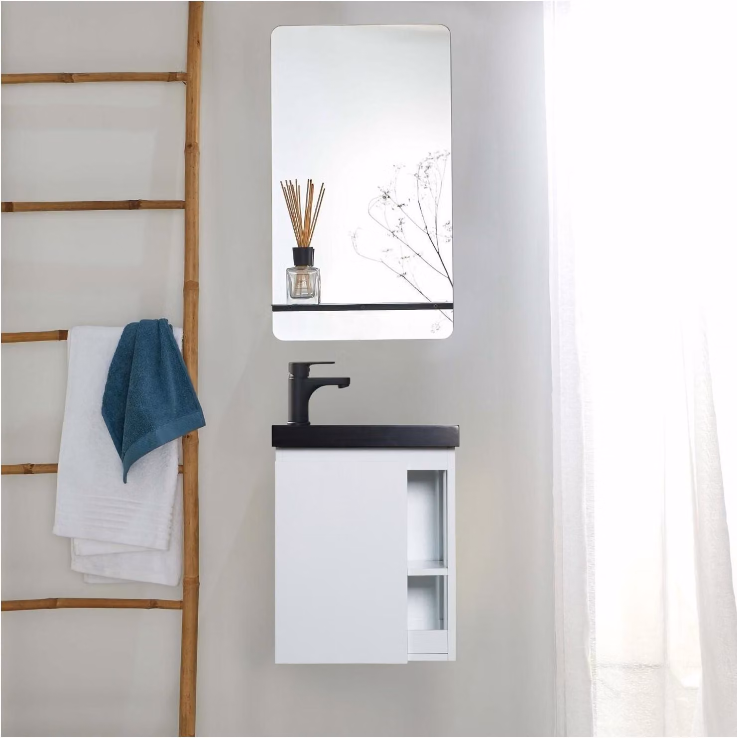 Set lavabo nero HAMPTON con contenitore laterale e mensola a specchio