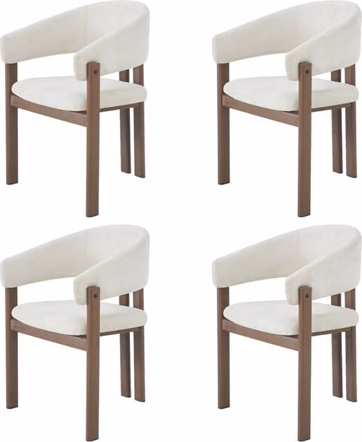 Set di 4 Sedie da Pranzo in Metallo con Effetto Legno di Noce e Rivestimento in Lino Beige, Stile Moderno