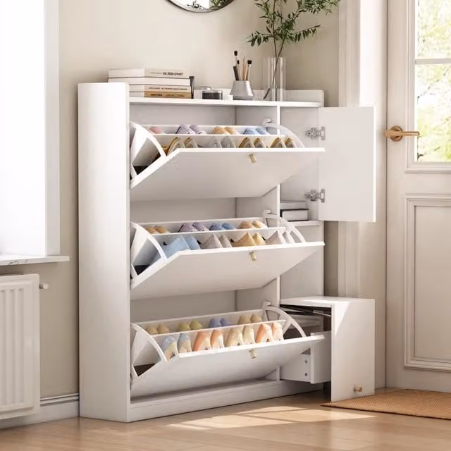 Scarpiera OKWISH bianca per ingresso con 3 ante ribaltabili, cassetto e seduta integrata, L/P/H: 119 x 24 x 122 cm