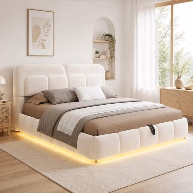 Letto matrimoniale imbottito 140 x 200 cm con contenitore idraulico LED; velluto beige