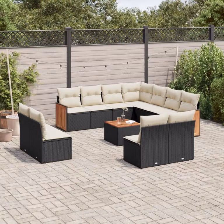 vidaXL Set Divani da Giardino 12 pz a Forma a L con Cuscini e Tavolino, Polyrattan e Legno di Acacia, Nero e Bianco