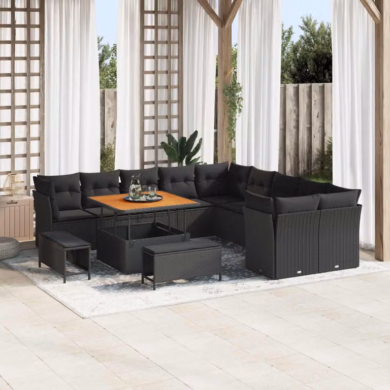 Set Divano da Giardino vidaXL a forma a U in Polyrattan Nero con Cuscini e Tavolino da Esterno 13 Pezzi