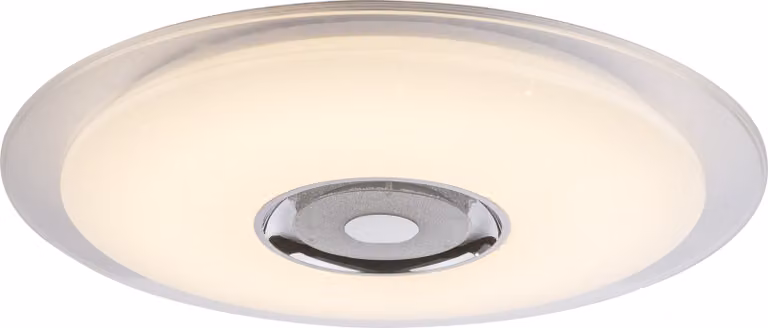 Lampada da soffitto Globo Lighting, metallo bianco cromato, diffusore in acrilico opaco con effetto scintillante, cristalli K5 trasparenti, dimmerabile, con più livelli di intensità tramite interruttore a muro, cambia colore, possibilità di fissare i colo