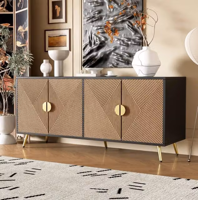 Credenza 160x40x75 cm a 4 ante con chiusura ammortizzata; MDF e pannello truciolare nero e legno