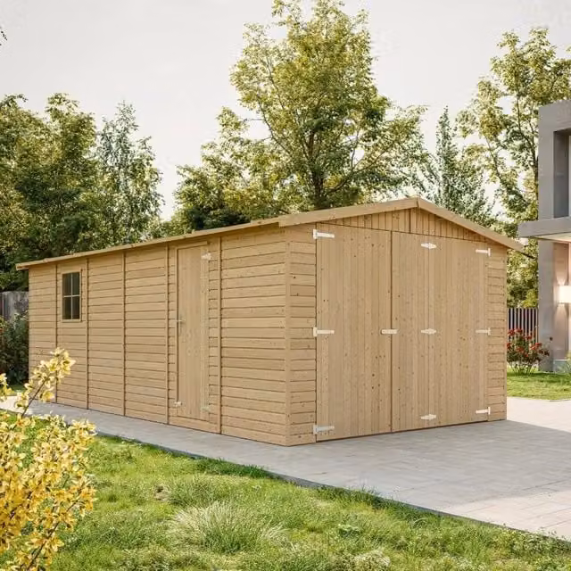 Garage in legno naturale marrone TIMBELA con tetto in tegole bituminose e finestra L: 222 cm, P: 616 cm, H: 324 cm – 1