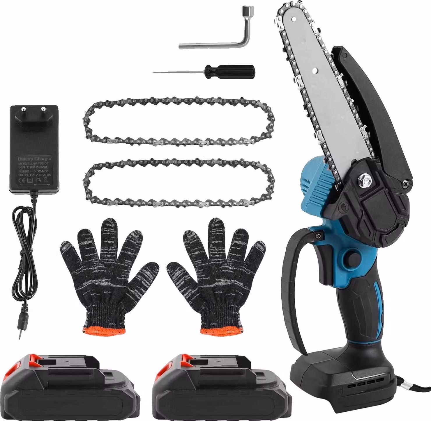 Mini motosega, potenza a batteria, design ergonomico, 2 batterie