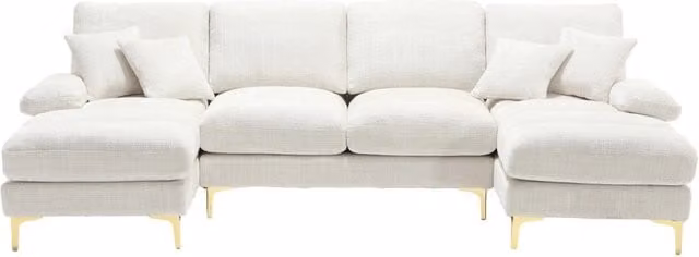 Divano modulare a U in chenille con doppie sedute reclinabili 272x136 cm, struttura in legno e piedi in metallo dorato