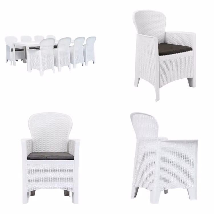 vidaXL Set da giardino da 9 pezzi, tavolo e sedie in plastica bianca, effetto rattan - Tavolo e sedie da giardino - Set di mobili da giardino - Set di mobili per esterni