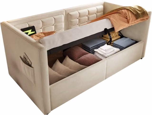 Letto singolo 90x200 cm con contenitore; USB e Type-C; in velluto beige