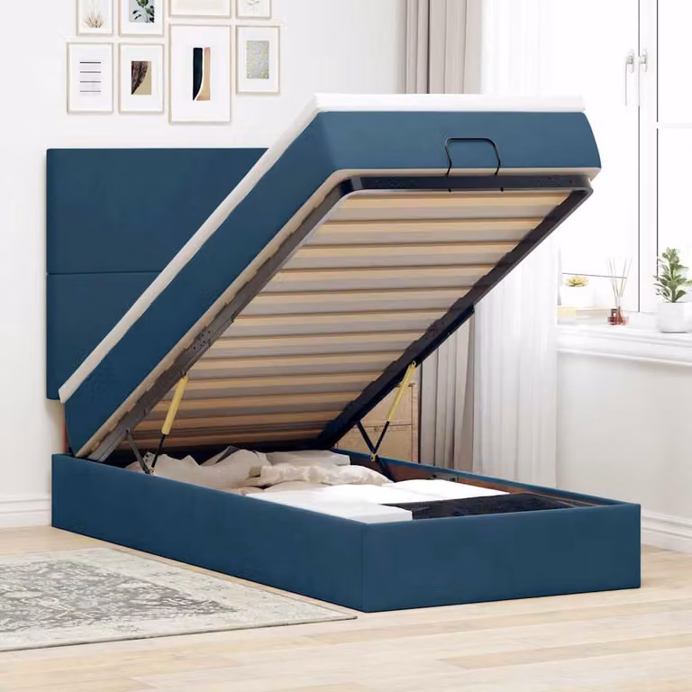 Letto con Pouf e Materasso vidaXL in Velluto Blu e Bianco, con Base a Sollevamento, Illuminazione Sotto il Letto e Porte USB, L: 90 cm, P: 190 cm, H: 128 cm