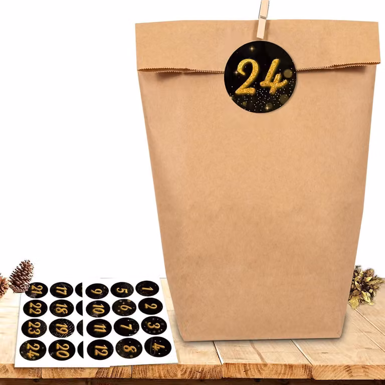 Calendario dell'Avvento da riempire, 24 sacchetti di carta kraft, set per creare un calendario dell'Avvento fai-da-te con adesivi numerati