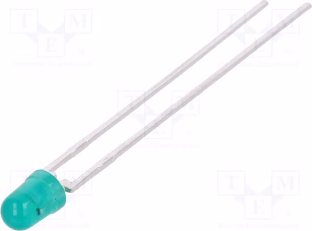 1 LED a emissione luminosa verde da 1,6 mcd, angolo di emissione 60°, modello HLMP-1641, di tipo Through-Hole (THT), con corpo da 3 mm